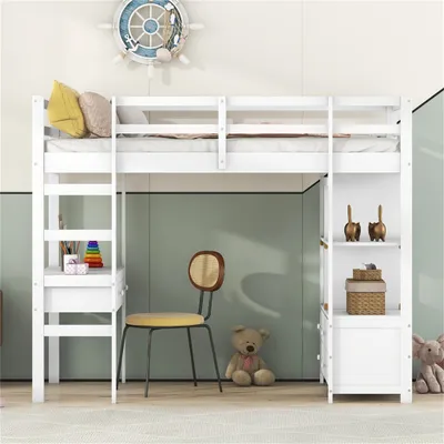 Produktbild von Etagenbett 90 x 200cm Kinderhochbett mit Stauraumschubladen und Unterbettschreibtisch, Weiß