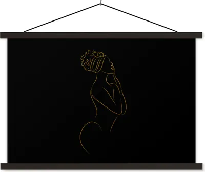 Produktbild von MuchoWow® Textilposter Frau - Schwarz und Gold - Strichzeichnung 60x40 cm mit schwarzem Rahmen - Hölzernes