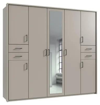 Produktbild von Drehtürenschrank Kleiderschrank 228cm Passepartout Spiegel Beige Grau Griffe schwarz / 22574