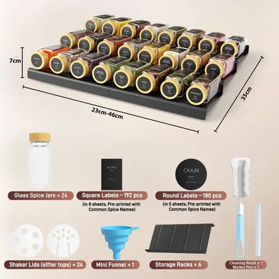 Image de Étagère à épices pour tiroir - Organisateur d'épices avec 24 pots en verre - Insert de tiroir réglable - Pots en verre réutilisables avec étiquettes, couvercles doseurs et entonnoirs - Plusieurs couleurs