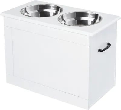 Produktbild von Erhöhter Hundenapf Futternapf mit Staumraum Wassernapf 2 x 2000ml Edelstahlnäpfen Hundenäpfe Fressnapf Futterstation für Hunde Katzen Weiß
