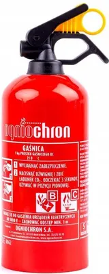 A red fire extinguisher with instructions and safety symbols on a white background.
