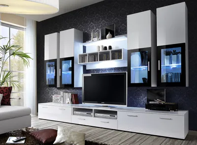 Produktbild von Wohnwand Anbauwand Wohnzimmer Schrankwand LYRA mit Hochglanz und Led Beleuchtung