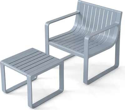 A gray outdoor chair and matching ottoman are shown against a white background.