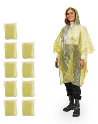 Produktbild von Relaxdays Regenponcho Einweg, 10er Set, Einmal Regencape mit Kapuze, für Erwachsene, Notfallponcho Damen & Herren, gelb