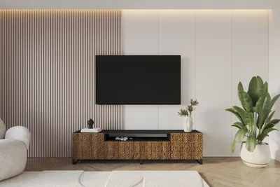 Produktbild von ALTDECOR TV-Schrank VIRA-S mit Gefrästen Fronten 200x53x41 Lowboard, TV Möbel, TV Cabinet, Fernsehtisch, Fernseher Schrank, TV Kommode, TV Tisch, TV Sideboard, TV Board - Schwarz / Katania