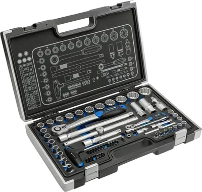 Produktbild von Högert Technik - Werkzeugset, Steckschlüssel, Bits und Zubehör 1/4”, 1/2”, Chrom-Vanadium-Legierungsstahl, Verformungsfest, Ratschenmechanik mit 72 Sperrklinken, HT1R470 - 60-tlg