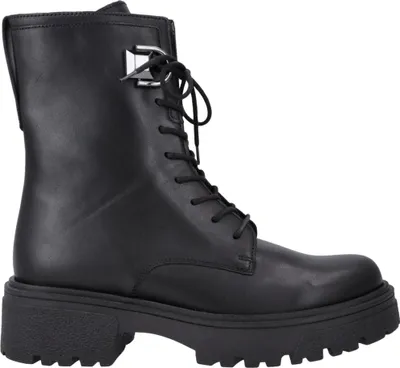 A black leather biker boot with laces and a buckle detail, shown from the side against a white background.