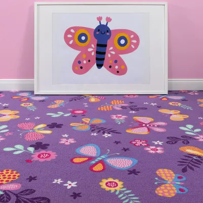Produktbild von Steffensmeier Teppichboden Sophia Meterware | Auslegware für Kinderzimmer | Spielteppich | Schmetterling Lila, Größe: 100x100 cm