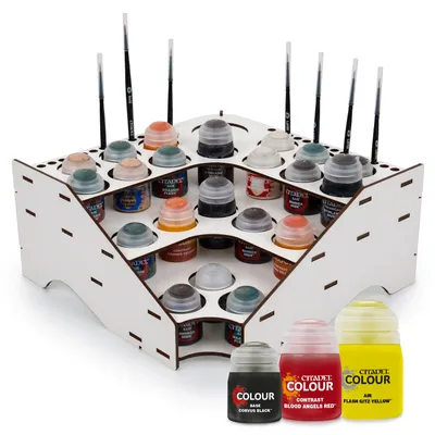 Image de Paint Rack bois pour peinture, modélisme & artistes, compatible Citadel/Vallejo, rangement aérographe & pinceaux
