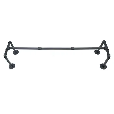 A black industrial pipe clothing rack mounted on a white background.