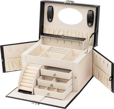 Produktbild von Famanu Schmuckbox mit Spiegel - 4 Ebenen und 3 Schubladen - für Ringe, Ohrringe, Halsketten, Armbänder - schwarz