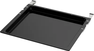 A black baking tray with silver metal clips on the sides, shown from a slightly elevated angle against a white background.