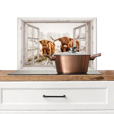 Produktbild von KitchenYeah®  Spritzschutz Küche - Küchenrückwand - Wandschutz für Herd und Spüle - Durchblick - Schottische Hochlandrind - Tiere 60x40 - Alu-Dibond (Alternative zum Spritzschutz aus Glas) - Hitzebest