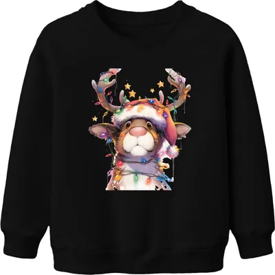Produktbild von Rentier Lichterkette Weihnachten niedlich Geschenk Retro Uni Kinder Sweatshirt Pullover, Schwarz, 104