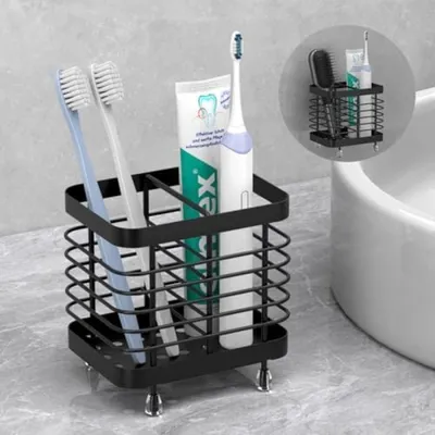 Productafbeelding van PromoHome® Tandenborstelhouders – RVS badkamerorganizer met afvoer, zwart, 10x10x8 cm