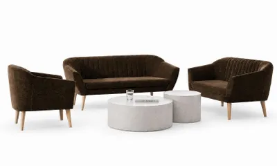 Produktbild von Sofello KAYA Wohnzimmerset – 3-Sitzer + 2-Sitzer + Sessel | Brauner Stoff | Skandinavisches Design | Holzfüße Couchgarnituren