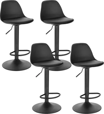 Four black bar stools are arranged on a white background.