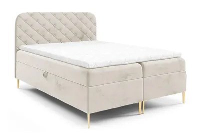 Produktbild von Boxspringbett 160x200 Elara, Matratze H3, gestepptem Kopfteil - Doppelbett mit Bettkasten, Samt, Creme