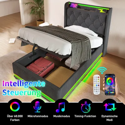 Produktbild von MODFU Boxspringbett Hydraulisches 90 x 200 cm mit LED-Beleuchtung(Drucktaste/App/Fernbedienung,), Polsterbett Funktionelles mit USB&Typ-C-Ladeanschluss, Einzelbett Stauraumbett mit Bettkasten Stauraum, Leinen Grau(Ohne Matratze)