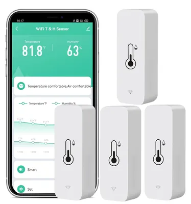 Produktbild von WLAN Hygrometer 4er Set mit App Steuerung, Temperatur und Luftfeuchtigkeit Sensor Kabellos für Innen und Außen, Digitaler Thermo-Hygrometer für Smart Home und Keller
