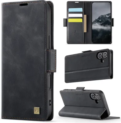 Image de Étui en cuir pour iPhone 16, protection RFID, fermeture magnétique, fentes pour cartes et support Noir