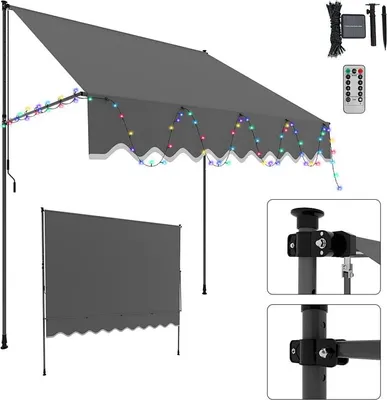 Produktbild von Faziango Klemmmarkise mit LED 200x120cm Balkonmarkise, UV-beständig 50+ höhenverstellbar Sonnenschutz ohne Bohren für Terrasse und Balkon Grau