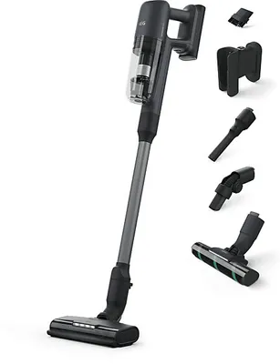 A cordless vacuum cleaner with various attachments displayed on a white background.