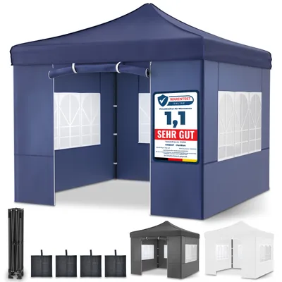 A collage showing a blue pop-up tent, its folded frame, sandbags, a gray tent, and a white tent.