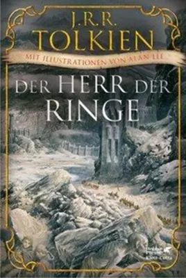 Book cover art for 'The Lord of the Rings' featuring a landscape with a castle and a procession.