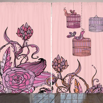 Produktbild von ARANDE Orange und Rosa Gardine, Romantische Blumenzusammensetzung mit Vogel-Käfig-künstlerischer Frühlings-Thema-Verzierung, 280 x 175 cm, Mehrfarbig