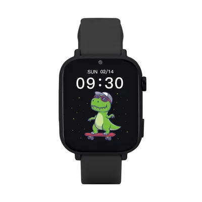 A smartwatch with a cartoon dinosaur on the screen.