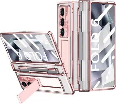 Produktbild von Hülle für Samsung Galaxy Z Fold 6 mit Displayschutz & Objektivschutz Transparent Galvanisierte Ständer Schutzhülle Pink