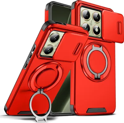 Immagine prodotto di Custodia a doppio strato per Xiaomi 14T, copertura scorrevole della fotocamera e supporto ad anello magnetico Rosso