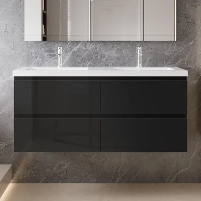 Produktbild von 120 cm Badmöbel-Set Unterschrank mit Mineralguss waschtisch 2 Schubladen soft-close Hochglanz Schwarz Selbstmontierter