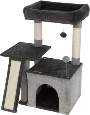 Image de Unyqoos® : griffoir stable avec panier douillet, cachette et jouets - surfaces à gratter en sisal naturel, largeur maximale 57 cm, profondeur 60 cm, un espace de jeu et de repos pour les chats