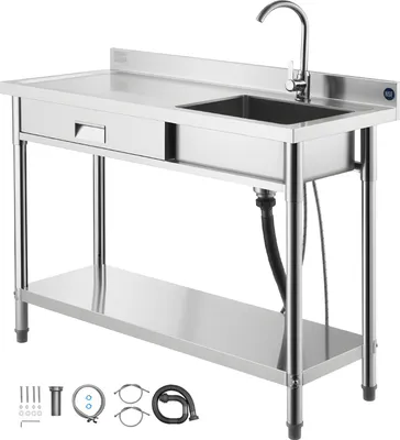 Obrázek produktu pro Dřezová skříňka SucceBuy z nerezové oceli (120 x 50 x 94 cm), s jednou mísou, baterií a zásuvkou, robustní kuchyňský dřez do garáže, restaurace nebo prádelny, venkovní dřez s pracovní deskou na levé straně