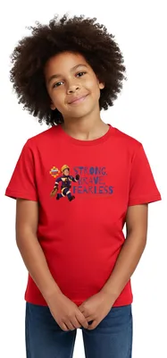 Produktbild von Spreadshirt Feuerwehrmann Sam™ Strong, Brave, Fearless Kinder T-Shirt, 110/116 (5-6 Jahre), Rot