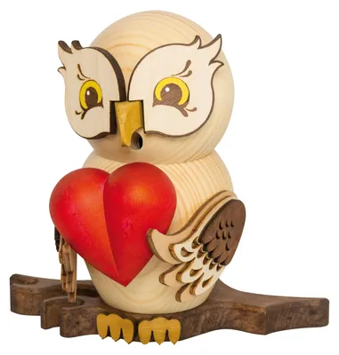 Produktbild von Drechslerei Kuhnert - Räucherfigur Eule mit Herz - Größe ca. 15cm, für Räucherkerzen Größe M (Standard) - 37228
