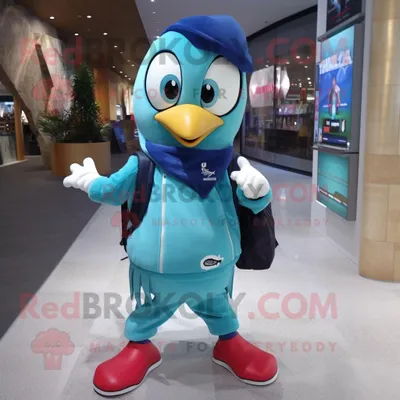 Obrázek produktu pro Postava REDBROKOLY maskota azurového datela oblečená do mikiny a tašek Messenger