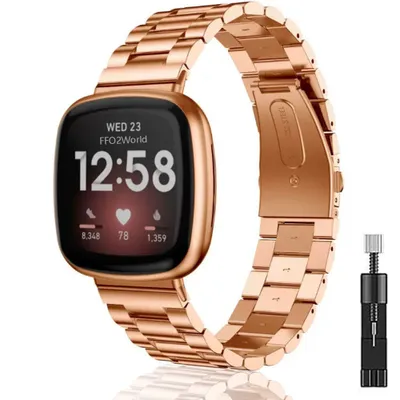 Produktbild von FFO2World Edelstahl Gliederarmband für Fitbit Versa 4/3 & Sense 1/2 – Roségold Business Ersatzarmband für Smartwatch
