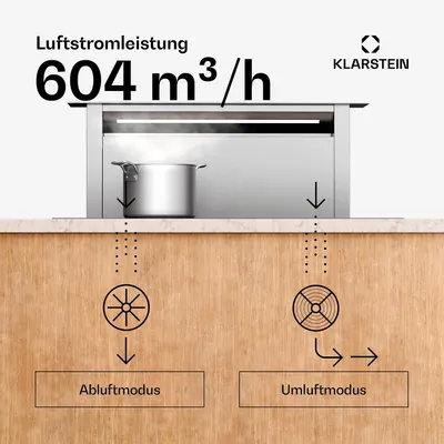 Produktbild von Klarstein Royal Flush Eco 75 Downdraft Dunstabzugshaube - Energieeffizient, 720 m³/h Luftstrom, Touch-Bedienfeld, LED-Licht, Edelstahl, Für Kochinseln & Küchen, 52 dB Leise