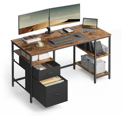 Produktbild von Computertisch mit 3 Regalen und 2 Schubladen, Vintage Braun-Schwarz, 60x140x76 cm
