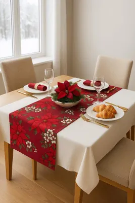 Imagen del producto de Mesa festiva Unyqoos®: Mantel rojo con motivos navideños, 85 x 85 cm, 100% poliéster, lavable a máquina a 40°C. Ideal para decorar la mesa en Navidad