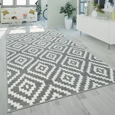 Immagine prodotto di Tappeto soggiorno a pelo corto morbido motivo etnico boho moderno grigio bianco dimensioni 140x200 cm
