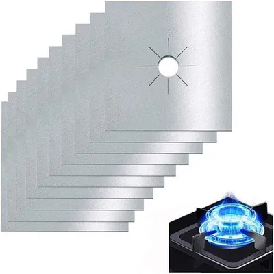 Immagine prodotto di 10 coperture riutilizzabili per fornelli a gas, resistenti al calore, color argento, 27x27 cm