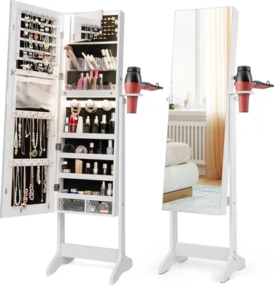 Produktbild von Schmuckschrank kippbar mit 3-farbigen LED-Lichtern & Spiegel, Spiegelschrank mit aufklappbarem Schminkspiegel, Schmuckorganizer abschließbar mit Haartrocknerhalter (Weiß)