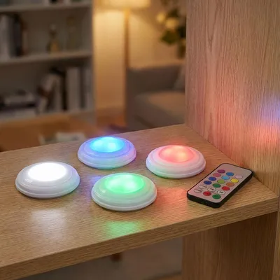 Produktbild von 4er-Set LED Push-Lichter mit Fernbedienung: 12 Farben, Farbewechsel - Klebe-Leuchten für Schrank, Regale, Vitrine - Nachtlicht dimmbar mit Timer