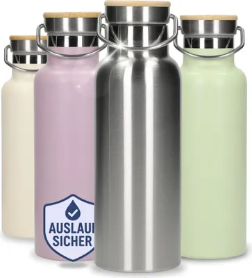 Produktbild von Edelstahl Trinkflasche 500 ml 'Cascada' - doppelwandige Isolierflasche hält Getränke stundenlang kühl - Auslaufsichere Flasche für Arbeit, Sport & Wandern - Wasserflasche mit Henkel Silber