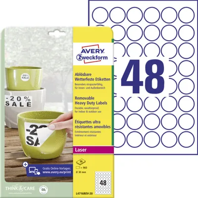 Produktbild von Avery Zweckform L4716REV-20 Wetterfeste Etiketten, ablösbar, Ø 30 mm, 20 Bogen/960 Etiketten, weiß